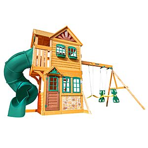 KidKraft Buffalo Crossing Wooden Swing Set with Playhouse, Rock Wall, Tube Slide and Glider $1,199.99 $1199.99