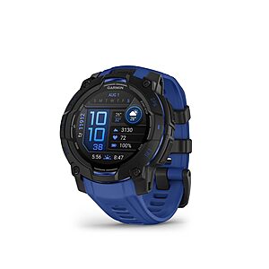Garmin Instinct 3 &ndash; 45 mm, AMOLED Display, Supernova Collection Limited Edition Color, Black with Bolt Blue/Black Silicone Band $335.10