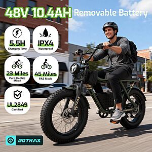 Gotrax R7 Electric Bike for Adults, 750W Motor, 25mph, Max 45-Mile Range, 20" Fat Tire, UL Certified, 48V Removable Battery, Green or Black $764.98