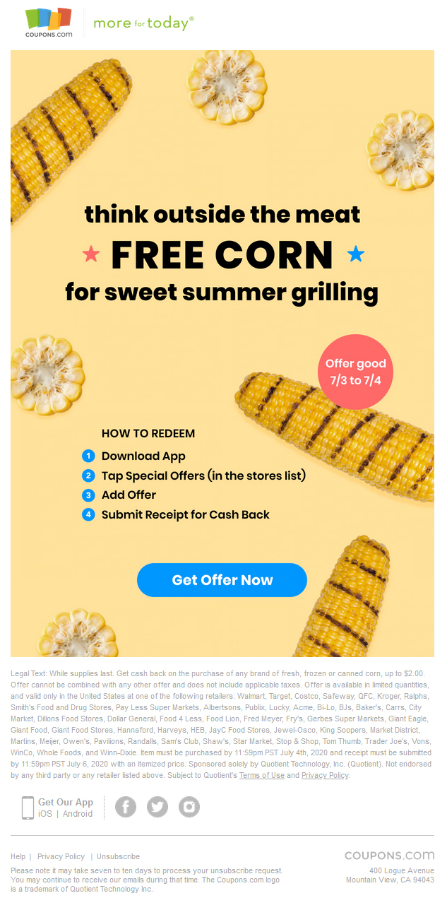Coupons.com App - Free Fresh, Canned or Frozen Corn (up to $2 Value) at Select Retailers (Valid 07/03/20 and 07/04/20) - Must Submit by 07/06/20