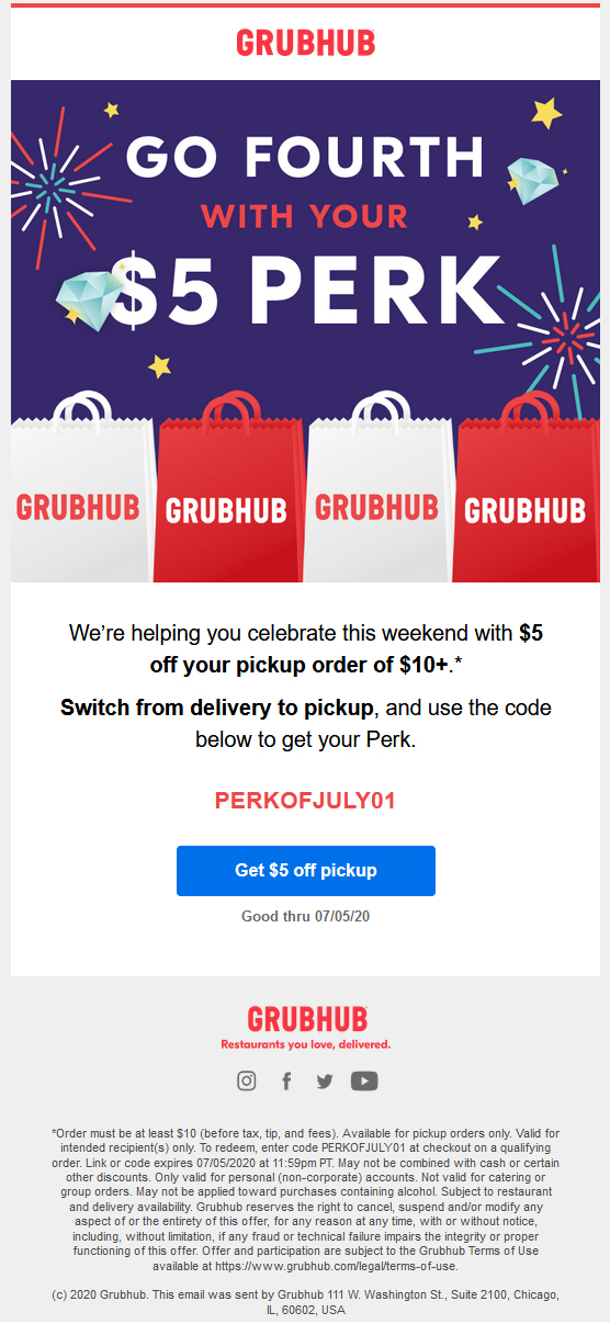 5 Off 10 Orders Using Grubhub Expires 07 05 20 Ymmv
