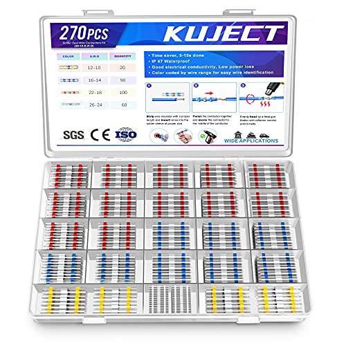 Kuject 270PCS Solder Seal Wire Connectors, Self-Solder Heat Shrink Butt Connector Waterproof Insulated Splice Wire Terminals for Marine Automotive Boat Truck Stereo - $13.19
