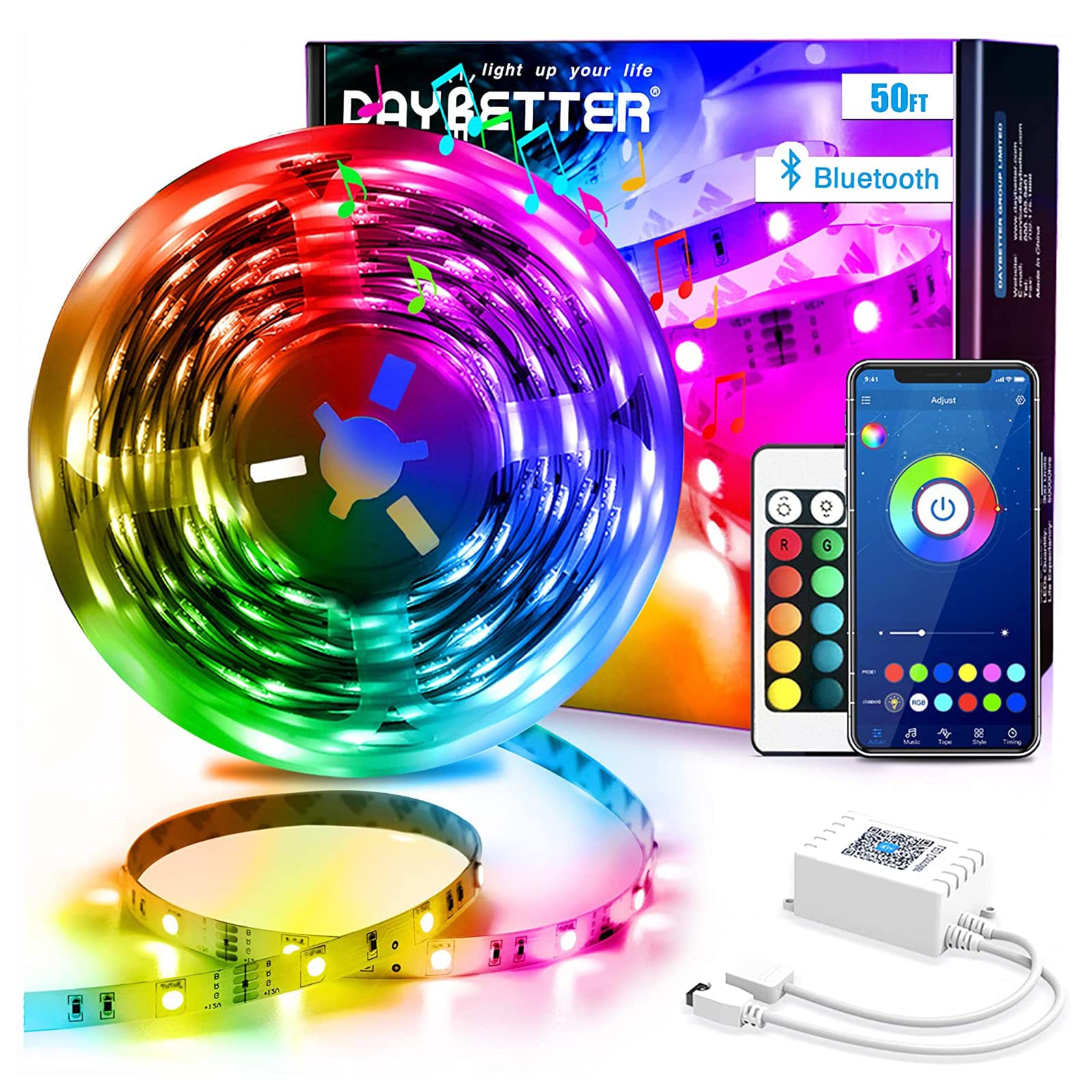 DAYBETTER 50ft Led Strip Lights Smart with App Control Remote, 5050 RGB, Music Sync Color Changing - $11.44
