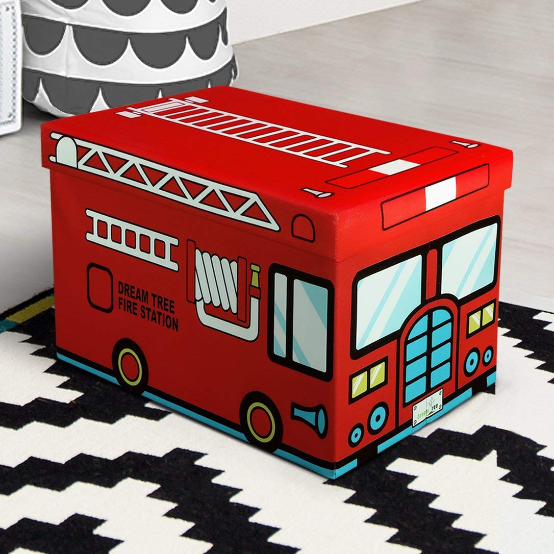 Only $16.99 - Fire Truck design Kids Toy Box from Otto & Ben Folding Storage Ottoman Chest with Foam Cushion Seat, Washable Faux Leather Foot Rest Stools for Kids, Fire Truck