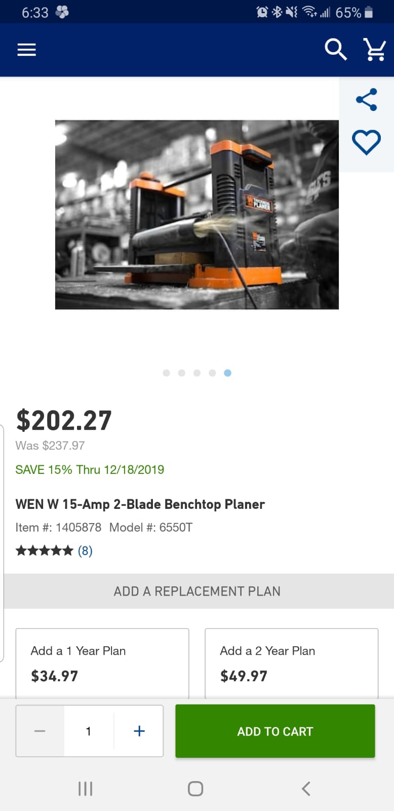 (Back in Stock) WEN W 15-Amp 2-Blade Benchtop Planer model 6550T ( 2 blades ) $202