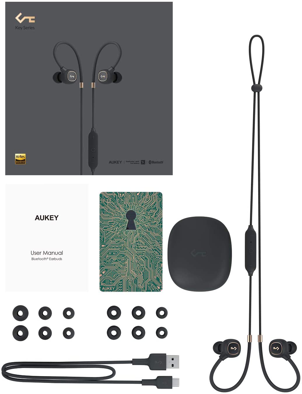 AUKEY Wireless Headphones Key Series B80 Bluetooth 5.0 Hybrid Driver System, aptX Low Latency, IPX6, USB-C Charging, 8h Playtime and in-line Mic (Black) $35.39