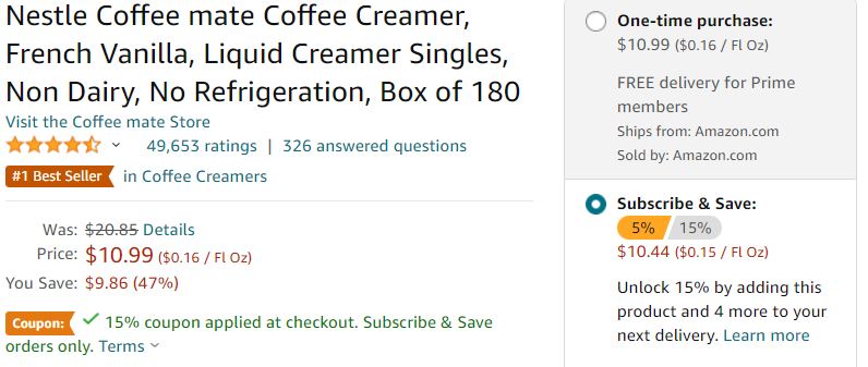 180-Count Nestle Coffee mate Coffee Creamer (French Vanilla) $8.79 w/Subscribe & Save, and 15% off coupon(YMMV)