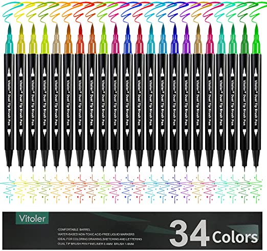 34-Ct VITOLER Dual Tip Brush Markers Colored Pen (Fine Point & Brush) $6 + Free Shipping w/ Prime or on $25+