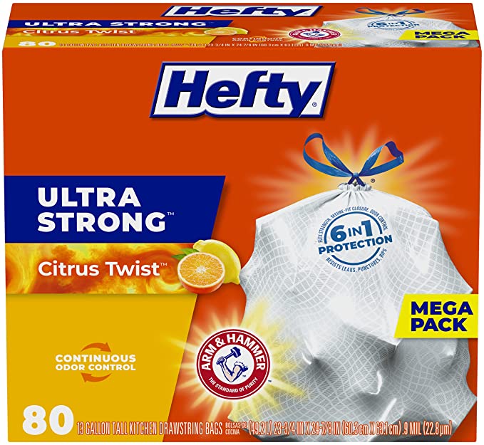 80-Ct 13-Gallon Hefty Ultra Strong Tall Kitchen Trash Bags (various scents) $10.40 w/ S&S + Free Shipping w/ Prime or on $25+