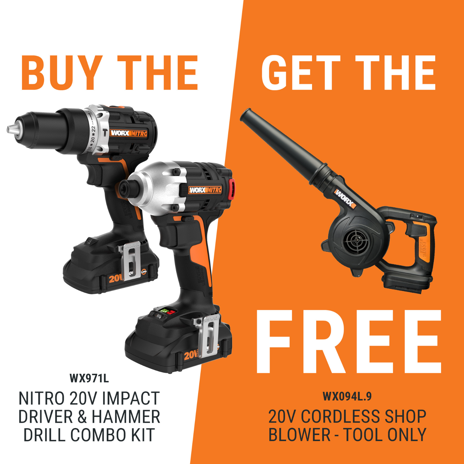 Worx Nitro 20V Impact Driver & Hammer Drill Combo Kit w/ 20V Cordless Shop Blower $180 + Free Shipping