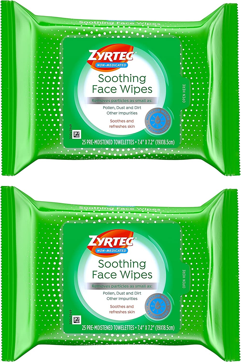 2Pack 25Count Zyrtec Soothing NonMedicated Face Wipes w/ Micellar