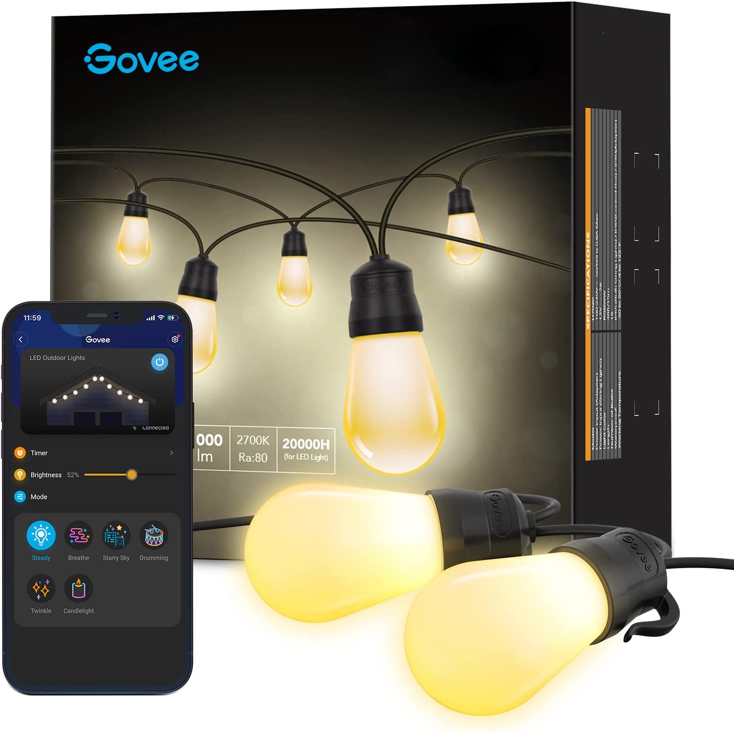 Govee Dimmable Smart LED Outdoor String Lights (Warm White): 50' 25-Bulb $20, 48' 15-Bulb $21.30 & More + Free Shipping