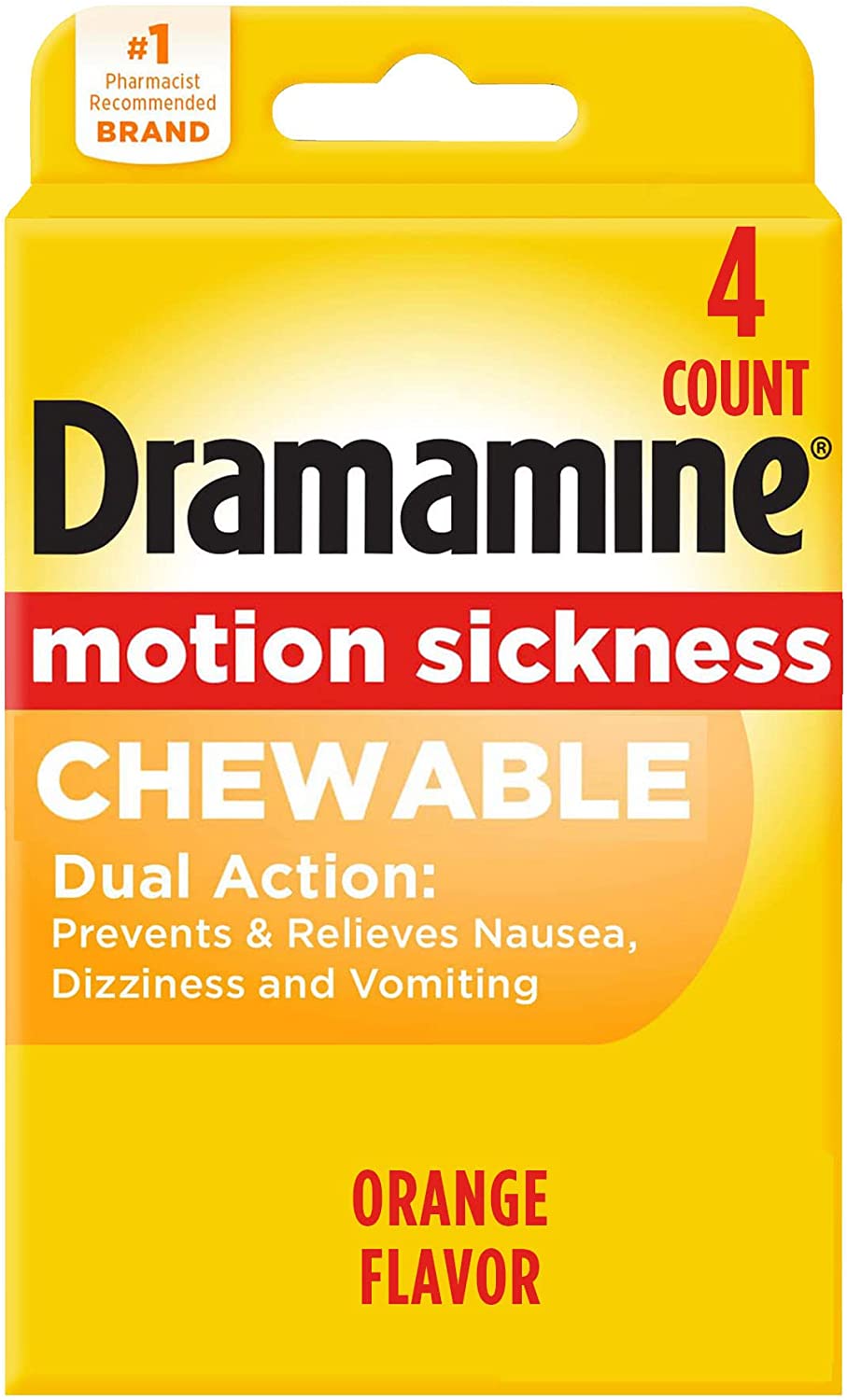 Dremamine Motion Sickness Relief Tablets: 4-Count Chewable (Orange) $1.50, 2-Pack 10-Count Nausea Long Lasting Formula $4.50 & More w/ S&S + Free Shipping w/ Prime or on $25+