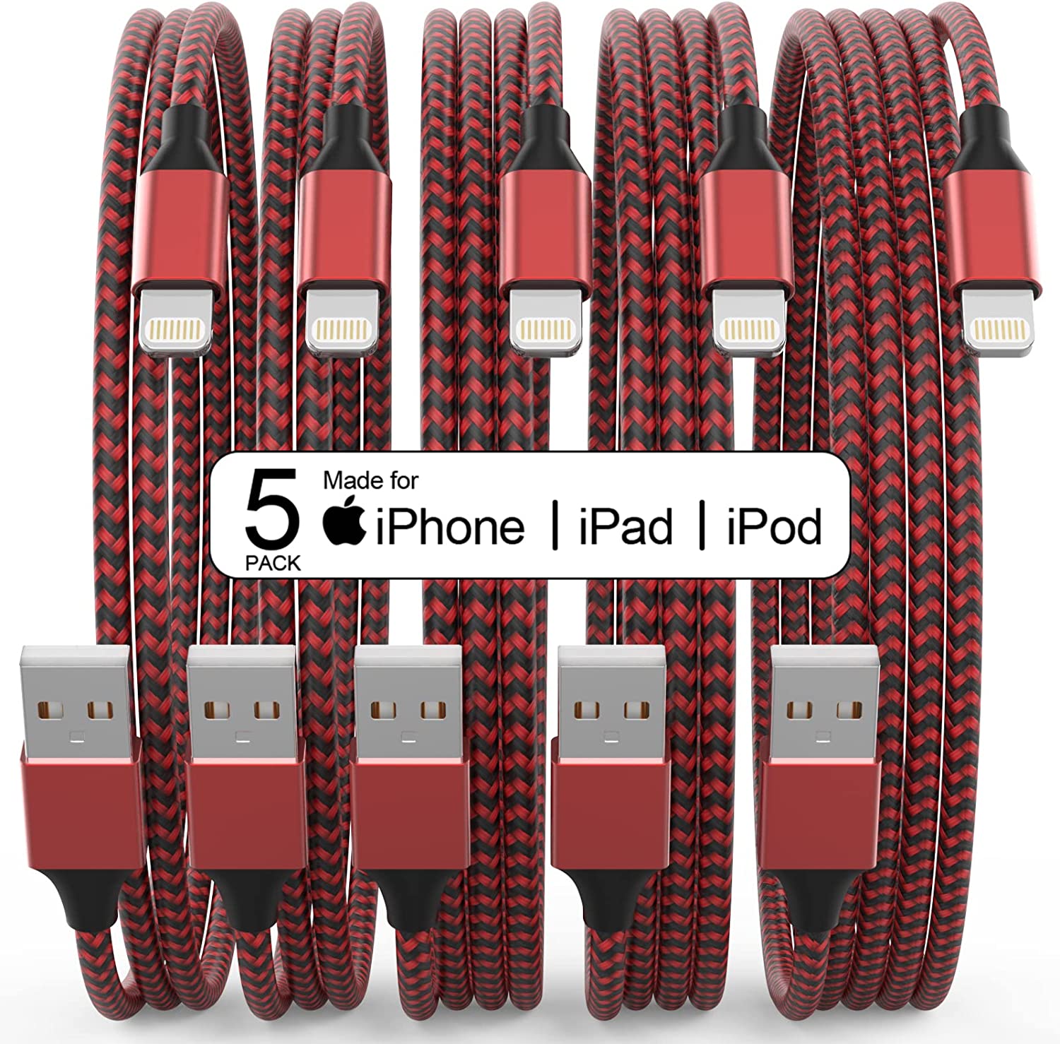 5-Pack Plnhixt Nylon Braided USB-A to Lightning Charging Cables (2x 3', 2x 6' & 1x 10') $6 + Free Shipping w/ Prime or on $25+