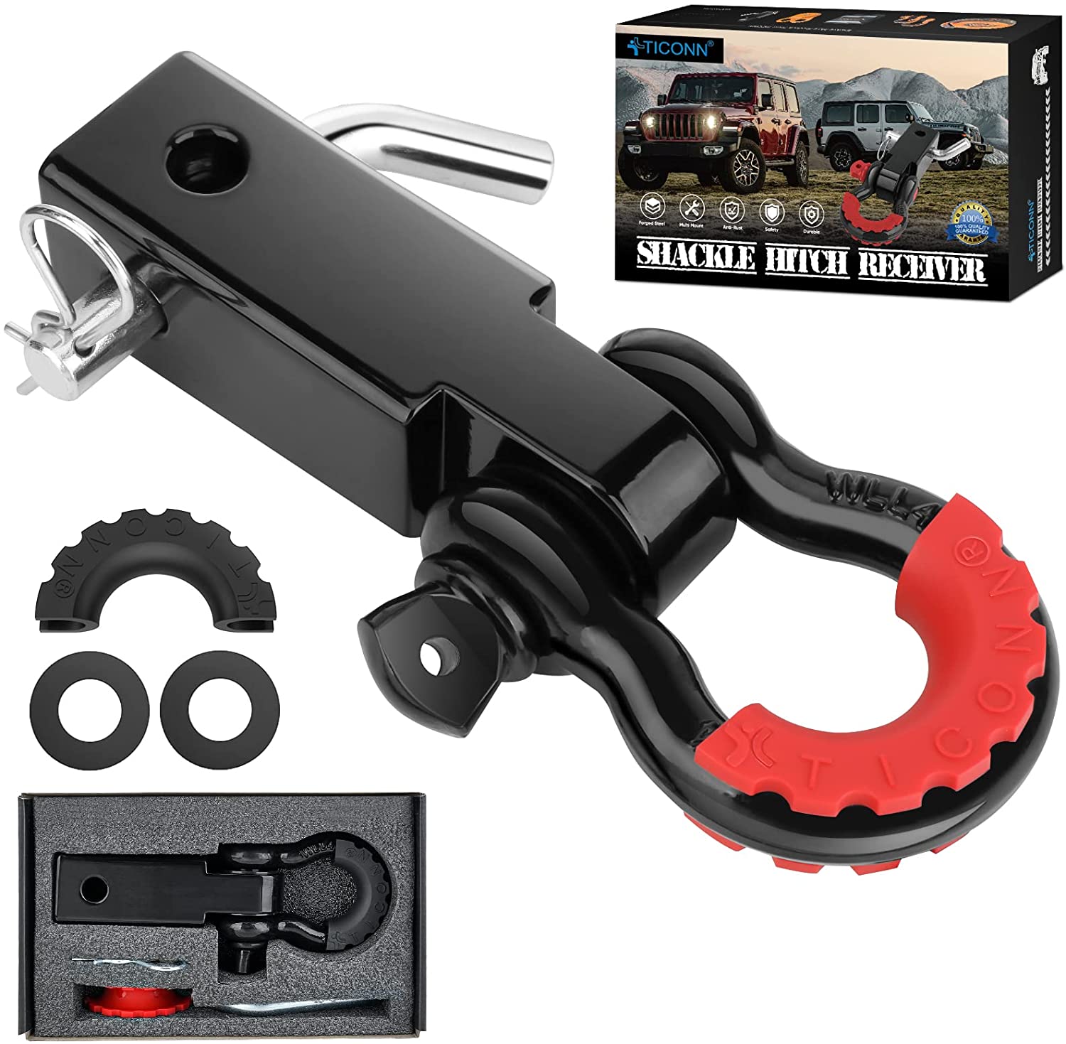 2" Ticonn Heavy Duty Shackle Hitch Receiver w/ DRing Shackle 21, w