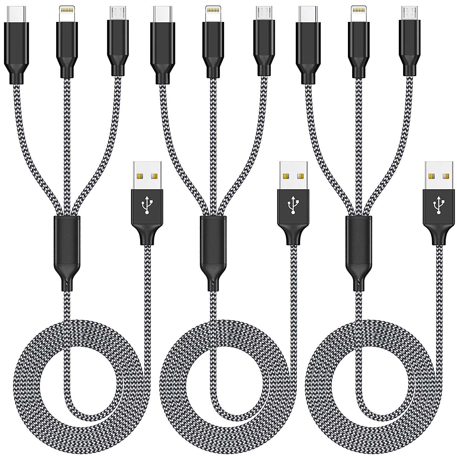 3-Pack 4' 3-in-1 USB Charging Cable (Grey/Black or Pink) $3.75 + Free Shipping w/ Prime or on $25+