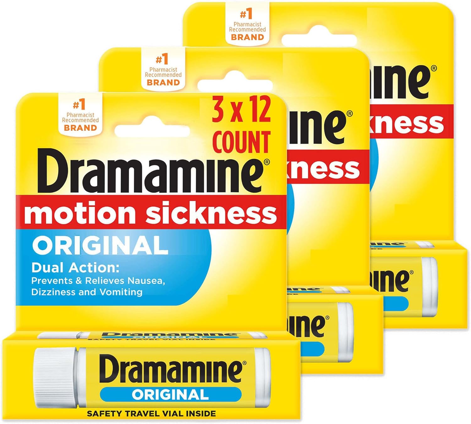 Dramamine: 3-Pack 12-Count Original Motion Sickness Relief $6.95, 20-Count Chewable Nausea Relief (Lemon Honey Ginger) $5.68 & More w/ S&S + FS w/ Prime or on $35+