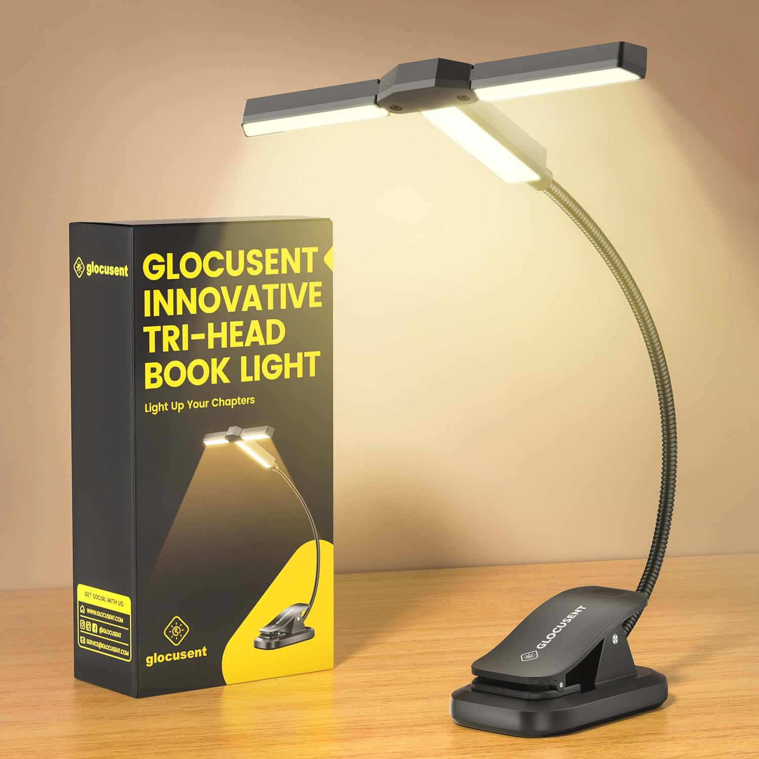 Glocusent Tri-Head Rechargeable Book Reading Light w/ Timer (4 colors) $5.70 + Free Shipping w/ Prime or on $35+
