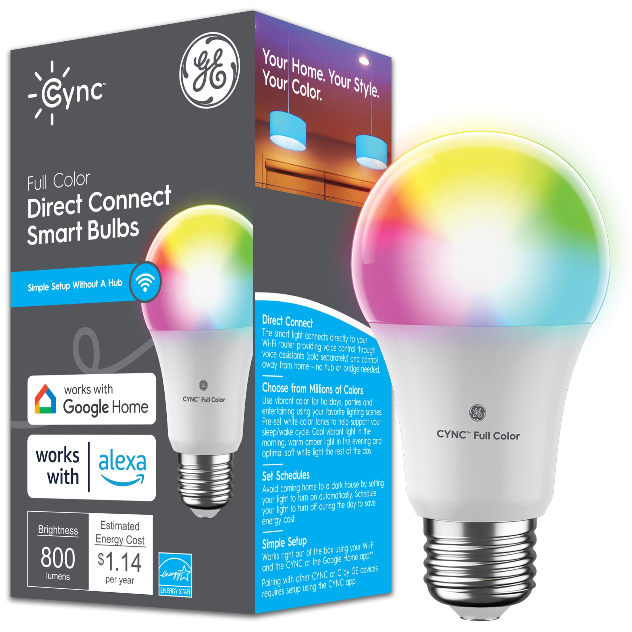 GE CYNC A19 Color Changing Smart LED Light Bulb $6.95  + Free S&H w/ Walmart+ or $35+