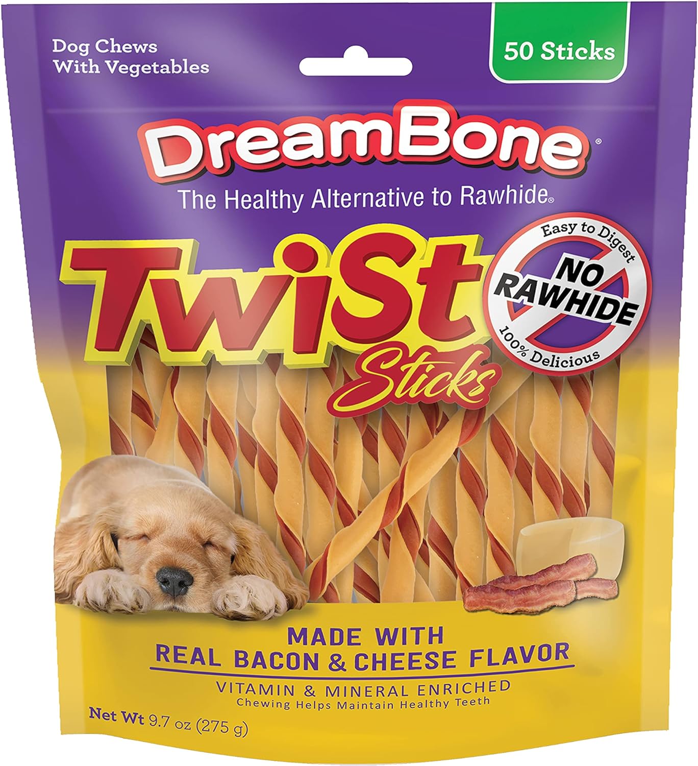 50Count DreamBone RawhideFree Twist Dog Chew Sticks (Bacon & Cheese)