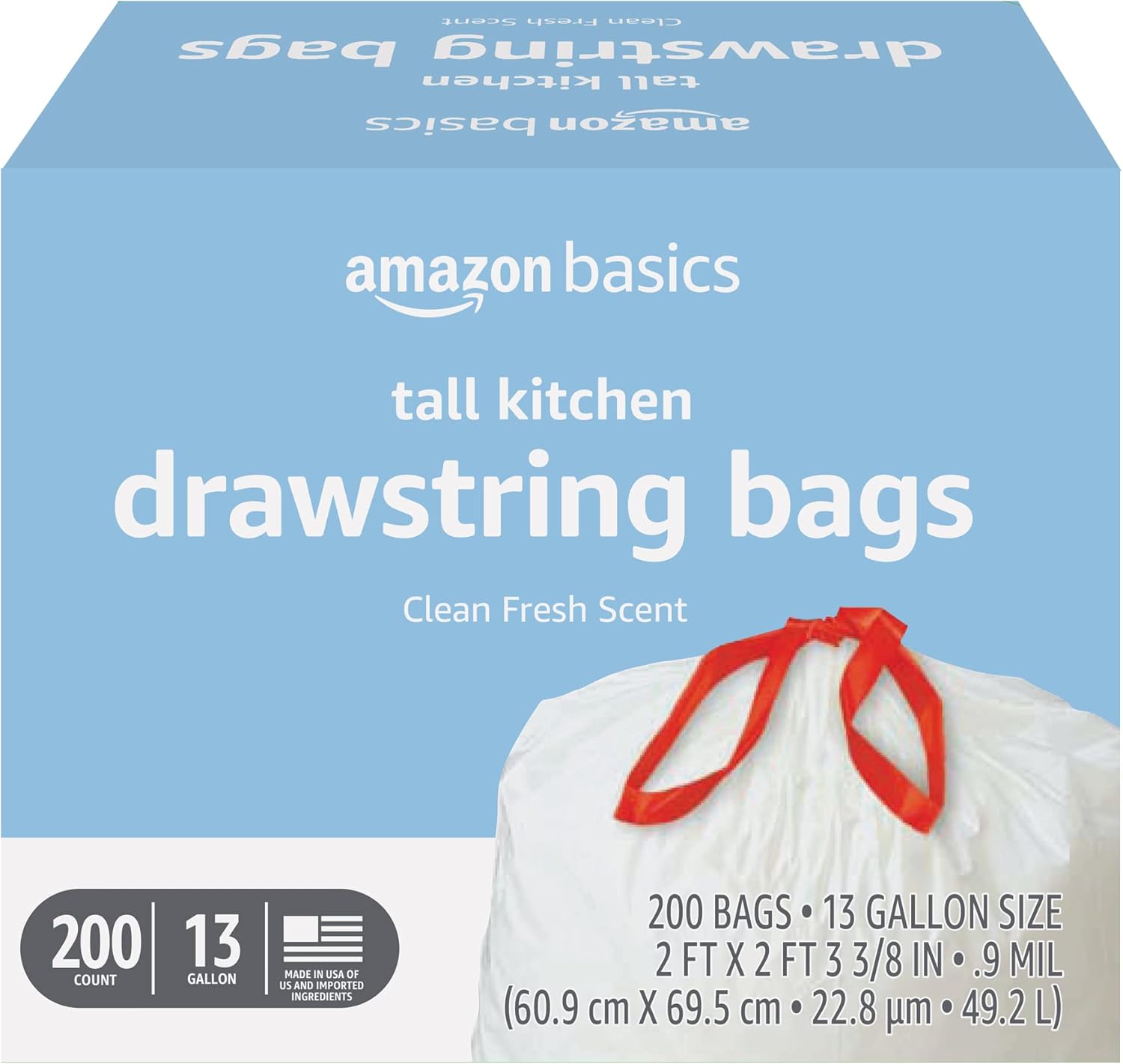 200-Count 13-Gallon Amazon Basics Tall Kitchen Drawstring Trash Bags (Clean Fresh) $17.70 w/ S&S + Free Shipping w/ Prime or on $35+