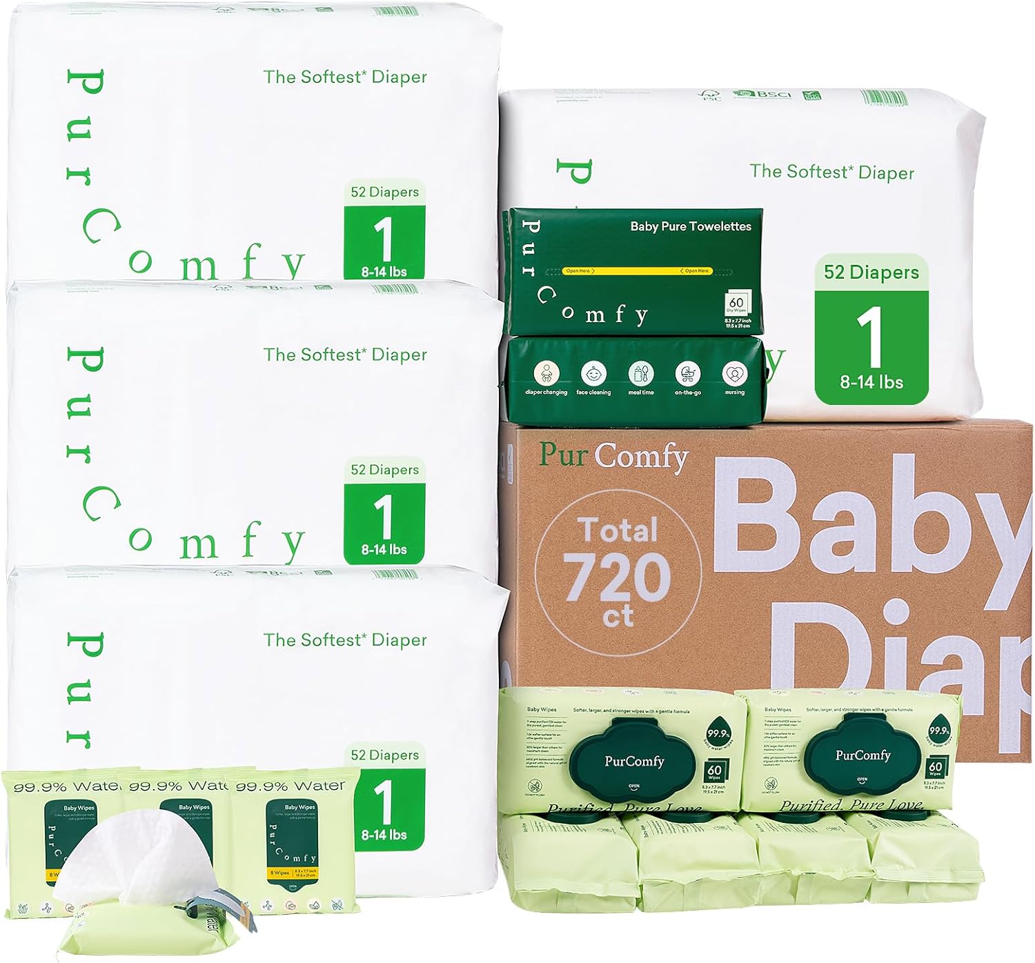 PurComfy Baby Diapers Essential Kit (208-Count Size 1 Baby Diapers w/ 360-Ct Baby Wipes, 120-Ct Dry Wipes, 32-Ct Travel Pack Wipes) $45.49  & More + Free Shipping