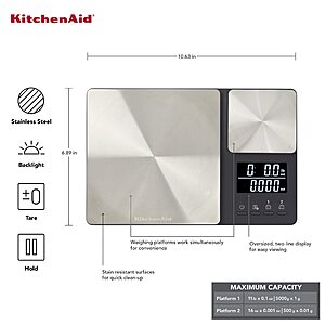 KitchenAid 11lb Glass Surface Digital Kitchen Food Scale Black
