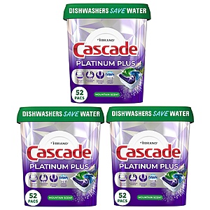52-Count Cascade Platinum Plus ActionPacs Dishwasher Pods (Mountain Scent) + $10 Amazon Credit 3 for $41.85 & More after