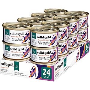 Prime Members: 24-Count 3-Oz Solid Gold Wet Cat Food Pate for Adult & Senior Cats (Chicken or Salmon & Beef)