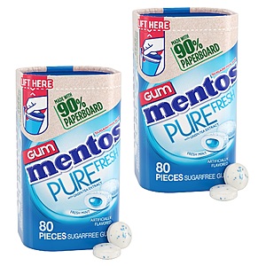 80-Pieces Mentos Pure Fresh Sugar-Free Chewing Gum w/ Xylitol (Fresh Mint) 2 for