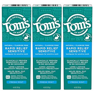 Tom's of Maine: 3-Pack 4-Oz Fluoride-Free Rapid Relief Sensitive Toothpaste + 3-Pack 4-Oz Whiten + Coconut Oil Toothpaste $12.91 & More w/ S&S + FS w/ Prime or on $35+
