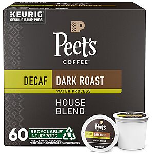 60-Count Peet's Coffee Decaf House Blend Coffee K-Cup Pods (Dark Roast) $25.25 w/ Subscribe & Save