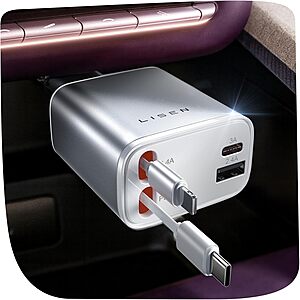 LISEN 4-in-1 up to 75W Retractable USB-C + Lightning Car Charger (White) $9.99 + Free Shipping w/ Prime or on $35+