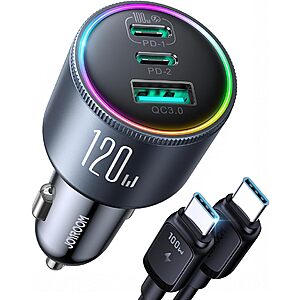 3-Port Joyroom 120W USB-C (PD100 & 35W) & USB-A QC 3.0 Car Charger w/ 4' 100W USB-C Cable $11.09 + Free Shipping w/ Prime or on $35+