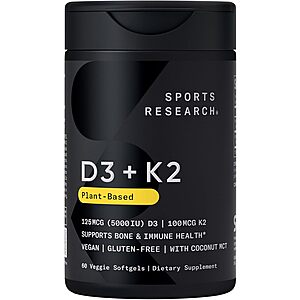 60-Ct Sports Research Vitamin D3 5000IU w/ 100mg K2 Vegan Softgels Supplements .20 w/ Subscribe & Save & More