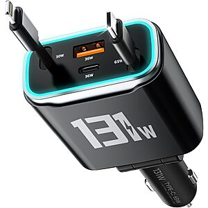TOENNESEN 4-in-1 up to 131W Retractable USB-C + Lightning Car Charger w/ LED Light (Black) $12.49,(Grey) $12.99 + Free Shipping w/ Prime or on $35
