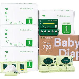 PurComfy Baby Diapers Essential Kit (208-Count Size 1 Baby Diapers w/ 360-Ct Baby Wipes, 120-Ct Dry Wipes, 32-Ct Travel Pack Wipes) $45.49  & More + Free Shipping