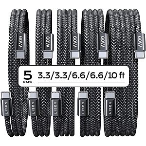 5-Pack LISEN 60W USB-C Charging Cables (2x 3.3', 2x 6.6' + 10', Black) $7.88 + Free Shipping w/ Prime or on $35+ $7.56