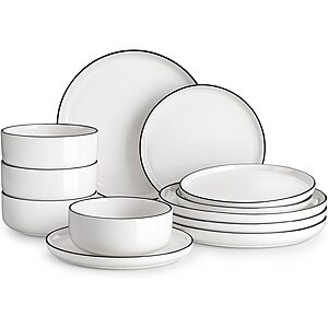Prime Members: 12-Pc Malacasa Porcelain Dinnerware Set (Ivory White-Black Rim) $31 + Free S&H