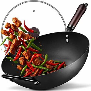 Prime: FGJ 13" Pre-Seasoned Carbon Steel Flat Bottom Wok with Glass Lid $22.45 + Free S&H