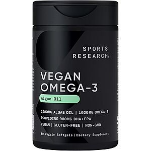 Select Accounts: 60-Count Sports Research Vegan Omega-3 Algae Oil Softgels $14.55 w/ S&S