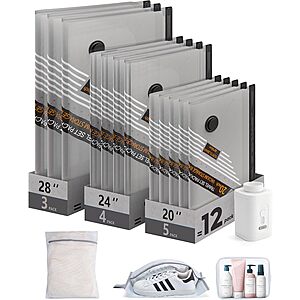 15-Pk Bagsmart Travel Vacuum Storage Bags Travel Kit w/ Wireless Rechargeable Pump