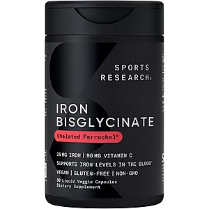 Select Accts: 90-ct 25mg Sports Research Iron Biglycinate (Chelated) Capsules $13.50 w/ S&S