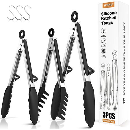 3-Piece FINENUT Stainless Steel & Silicone Kitchen Tongs Set (9", 9" & 12", Black or Gray) $7.40, 2-Piece $5.75 + Free Shipping w/ Prime or on $35+