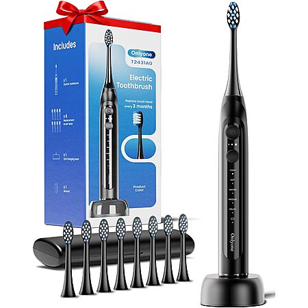 Prime Members: Onlyone Rechargeable Sonic Electric Toothbrush w/ 8 Replacement Heads, Charging Base & Smart Timer (Black) $13.77 + Free Shipping
