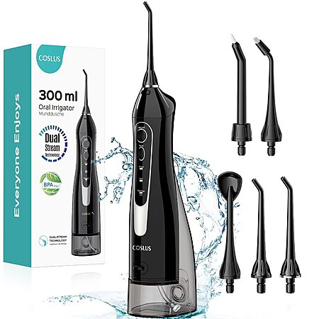 COSLUS 300ml Cordless Rechargeable Water Dental Flosser (Black) $6.99 + Free Shipping w/ Prime or on $35+