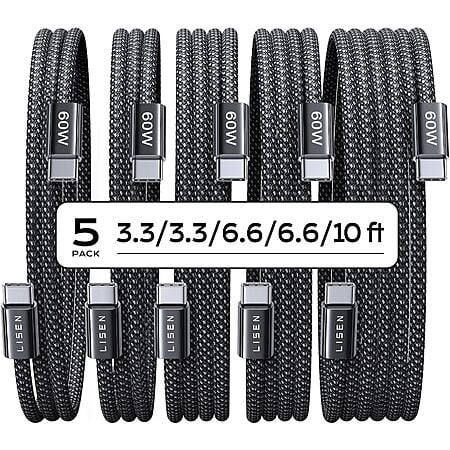 5-Pack LISEN 60W USB-C Charging Cables (2x 3.3', 2x 6.6' + 10', Black) $7.47 + Free Shipping w/ Prime or on $35+