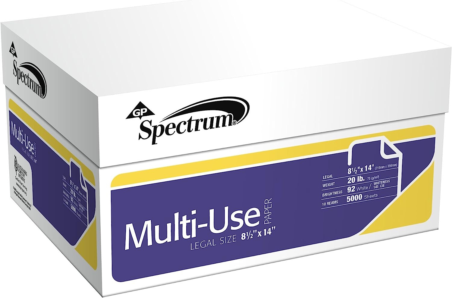GP Spectrum MultiUse Paper, 8.5 x 14 Inches Legal Size, 92 Bright White, 20 Lb, 10 Reams/Carton (5000 Sheets) $73.22
