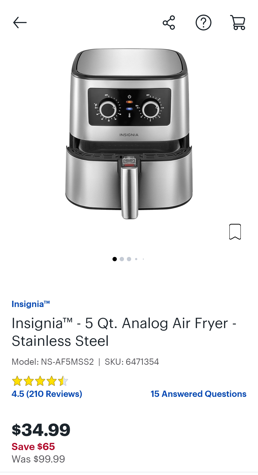 Insignia™ - 5 Qt. Analog Air Fryer - Stainless Steel for 34.99 $34.99