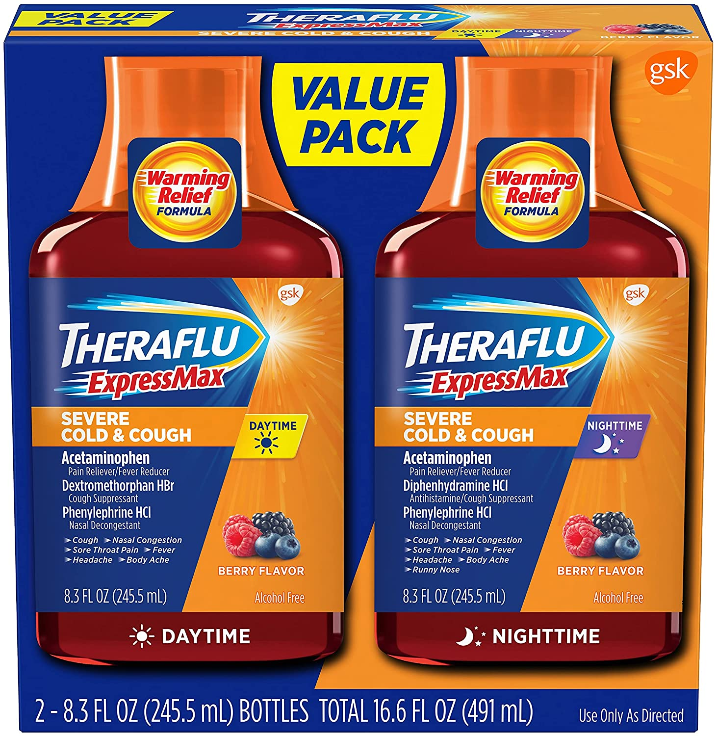 Amazon.com: Theraflu ExpressMax Daytime/Nighttime Severe Cold & Cough Relief Syrups, Berry Flavor, 8.3 oz (Combo Pack) : Health & Household $5.55